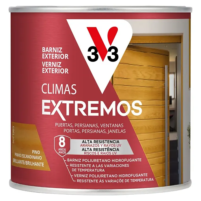V33 Barniz para madera exterior Climas Extremos - Pino, Brillante, 250 ml - Barniz exterior 3V3 'Climas Extremos', Pino Escandinavo Brillante, 8 años de resistencia a UV, arañazos y cambios de temperatura.