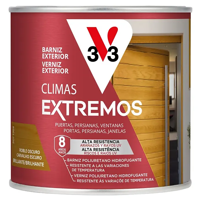V33 Barniz para madera exterior Climas Extremos - Roble oscuro, Brillante, 250 ml - Lata roja de barniz exterior V33 'Climas Extremos', roble oscuro brillante, 8 años durabilidad contra arañazos, UV y temperatura.