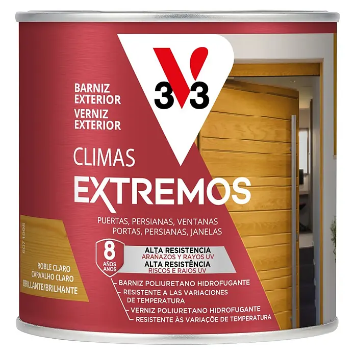 V33 Barniz para madera exterior Climas Extremos - Roble claro, Brillante, 250 ml - Barniz exterior V33 "Climas Extremos", Roble Claro brillante. Poliuretano, hidrófugo, resistente a arañazos, UV y temperatura.