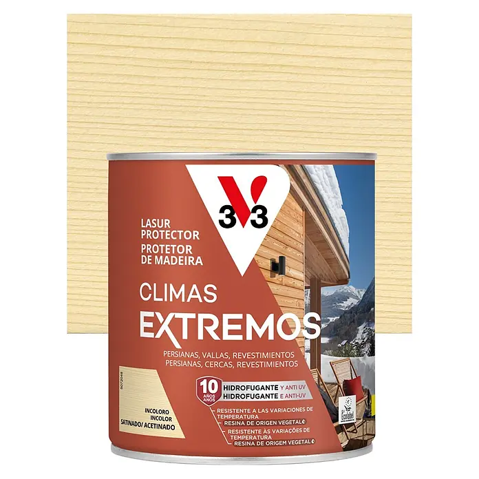 V33 Protector para madera Climas Extremos - Incoloro, 2,5 l - Bote rojo-marrón de protector de madera V33 'Climas Extremos', incoloro/satinado, 10 años, hidrófugo/anti-UV, base vegetal, Ecolabel, sobre veta de madera.