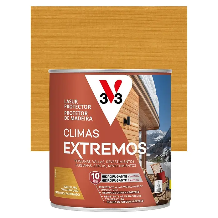 V33 Protector para madera Climas Extremos - Roble claro, 750 ml - Lasur protector V33 para maderas para climas extremos, roble claro satinado. Hidrófugo, anti-UV, 10 años de protección, resina vegetal.