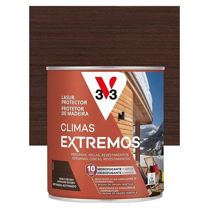 V33 Protector para madera Climas Extremos - Roble oscuro, 750 ml - Bote de lasur protector de madera V33 roble oscuro para climas extremos. Acabado satinado.