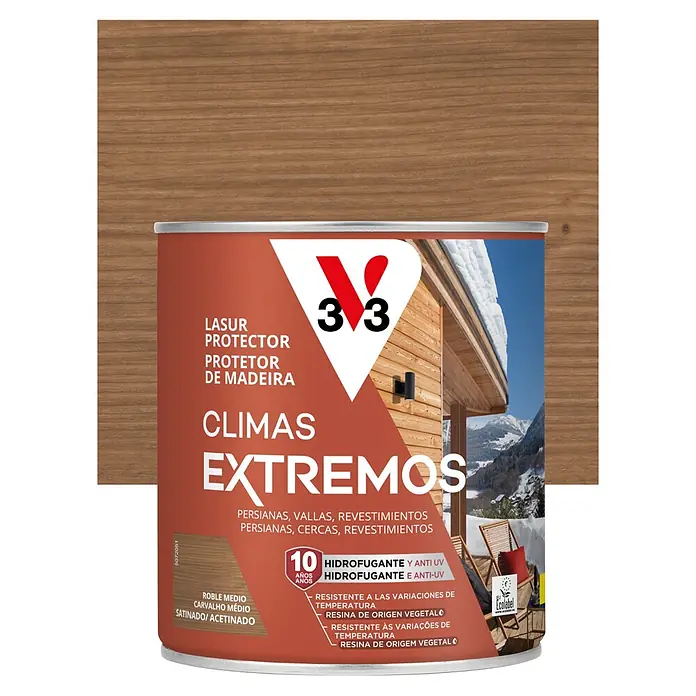 V33 Protector para madera Climas Extremos - Roble Medio, 750 ml - Bote rojo-marrón de lasur protector de madera para climas extremos, roble medio satinado, 10 años hidrófugo y anti-UV.