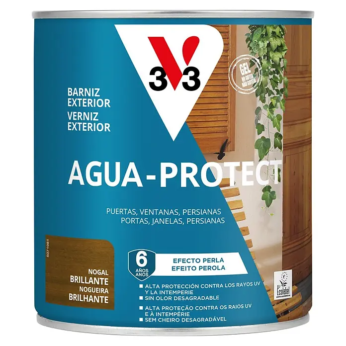 V33 Barniz para madera Exterior AguaProtect - Nogal, 750 ml, Brillante - Lata de barniz exterior V33 Agua-Protect, 'Nogal Brillante' (nogal brillante), 6 años protección UV/intemperie, efecto perla, gel antigoteo, sin olor.