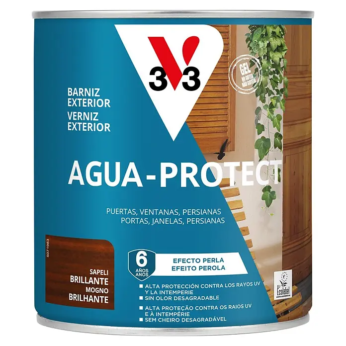 V33 Barniz para madera Exterior AguaProtect - Sapelly, 750 ml, Brillante - Lata azul de barniz exterior V33 Agua-Protect, color Sapeli, acabado brillante, 6 años de protección con efecto perla para puertas y ventanas.