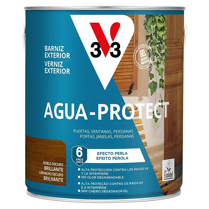 V33 Barniz para madera Exterior AguaProtect - Roble oscuro, 2,5 l, Brillante - Bote de barniz exterior 3V3 AGUA-PROTECT roble oscuro brillante, efecto perla, para madera. Fórmula gel, 6 años de protección.