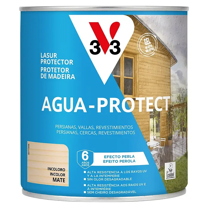 V33 Protección para madera Agua-Protect - Incoloro, 750 ml, Mate - Bote de lasur protector de madera incoloro mate V33 AGUA-PROTECT con efecto perla para 6 años de protección.