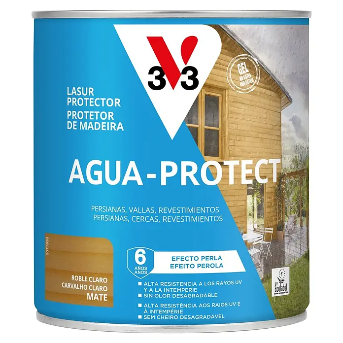 V33 Protección para madera Agua-Protect - Roble claro, 750 ml, Mate - 3V3 AGUA-PROTECT Lasur protector de madera Roble Claro mate, gel antigoteo con efecto perla, alta resistencia UV e intemperie, sin olor.