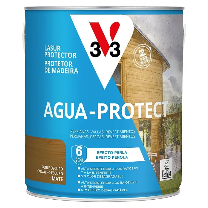 V33 Protección para madera Lasur exterior Agua-Protect - Roble oscuro, 2,5 l, Mate - Protector de madera V33 Agua-Protect roble oscuro mate, con efecto perla y 6 años de protección antigoteo.