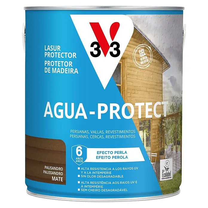 V33 Protección para madera Lasur exterior Agua-Protect - Palisandro, 2,5 l, Mate - Lata de lasur protector de madera V33 Agua-Protect en acabado palisandro mate. Ofrece 6 años de resistencia UV e intemperie con efecto perla.