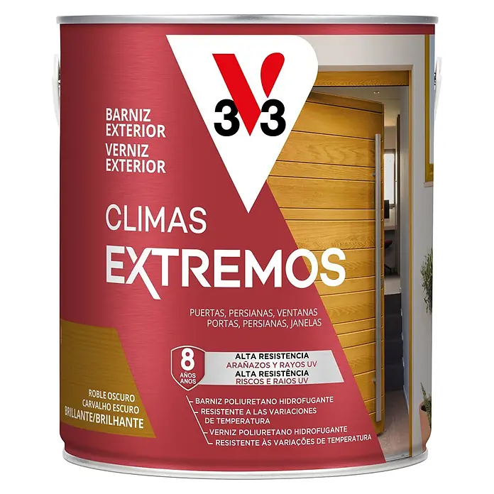 V33 Barniz para madera exterior Climas Extremos - Roble oscuro, Brillante, 2,5 l - Lata de barniz exterior V33 para climas extremos, roble oscuro brillante, 8 años de protección contra arañazos, UV y temperatura.