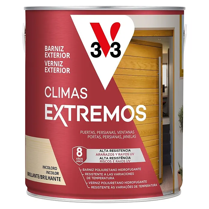 V33 Barniz para madera exterior Climas Extremos - Incoloro, Brillante, 2,5 l - Bote rojo de barniz exterior V33 para climas extremos, ofrece 8 años de protección contra arañazos y UV para puertas, persianas y ventanas.