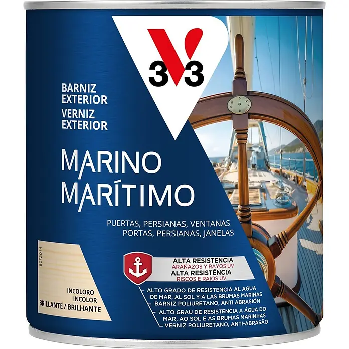 V33 Barniz marino - Incoloro, Brillante, 750 ml - Bote de Barniz Exterior Marino V33, incoloro brillante, para puertas, ventanas y persianas, alta resistencia a UV, arañazos, agua salada y sol.