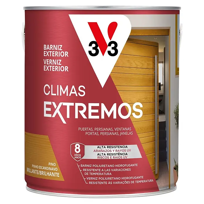 V33 Barniz para madera exterior Climas Extremos - Pino, Brillante, 2,5 l - Barniz exterior 3V3 rojo para climas extremos. 8 años protección UV/arañazos e hidrofugante para puertas, ventanas.