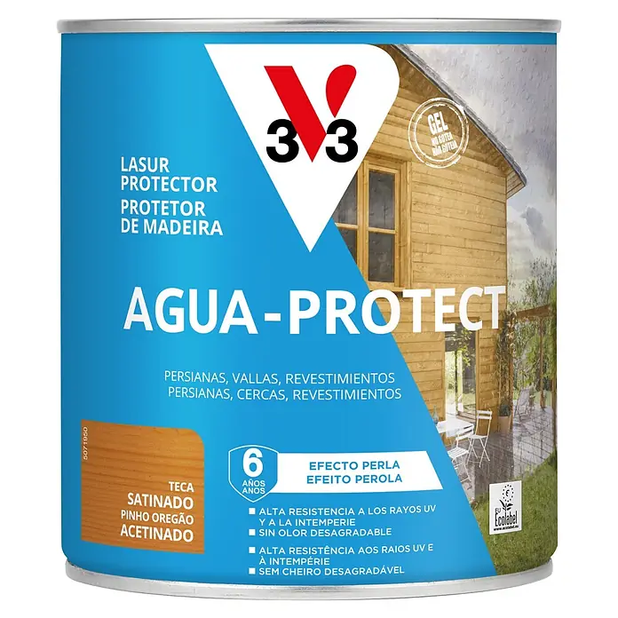 V33 Protección para madera Agua-Protect - Teca, 750 ml - Bote de protector de madera V33 AGUA-PROTECT para teca/pino oregón con efecto perla satinado, 6 años de protección.