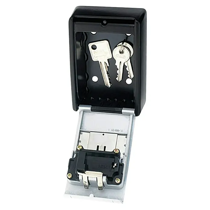 Abus Schlüsselbox Key Garage 787 - Geeignet für: Bis zu 20 Schlüssel, L x B x H: 45 x 80 x 120 mm, Ohne LED-Beleuchtung - Ein offener Schlüsselsafe mit zwei Schlüsseln darin. Der Safe ist schwarz und silberfarben.