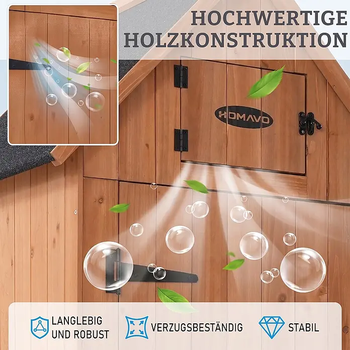 HOMAVO Holz Gerätehaus 77×54.3×179CM Mit Boden Garten Geräteschuppen Natur -  - Hochwertige Holzkonstruktion mit Belüftung, betont Langlebigkeit und Verzugsfestigkeit.