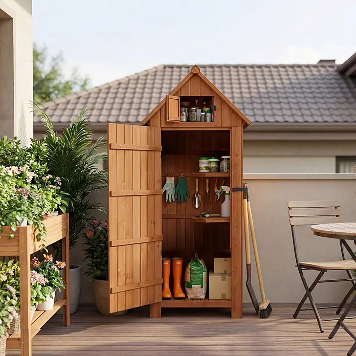 HOMAVO Holz Gerätehaus 77×54.3×179CM Mit Boden Garten Geräteschuppen Natur -  - Brauner Gartenschrank aus Holz, offen auf einer Terrasse gezeigt, gefüllt mit Gartengeräten.