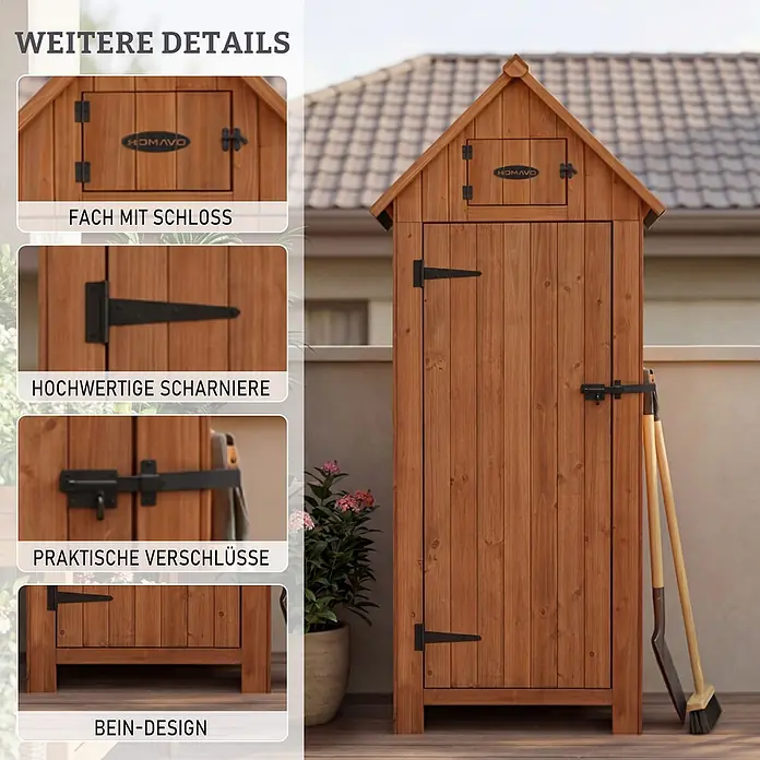 HOMAVO Holz Gerätehaus 77×54.3×179CM Mit Boden Garten Geräteschuppen Natur -  - Brauner Gartenschrank aus Holz mit Spitzdach, Details zu abschließbarem Fach, robusten Scharnieren, praktischen Riegeln und Beindesign.