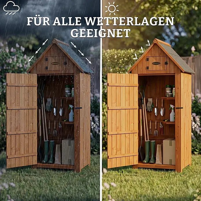 HOMAVO Holz Gerätehaus 77×54.3×179CM Mit Boden Garten Geräteschuppen Natur -  - Ein offenes Holz-Gartengerätehaus mit Werkzeugen, das seine Eignung für alle Wetterlagen, von Regen bis Sonne, zeigt.