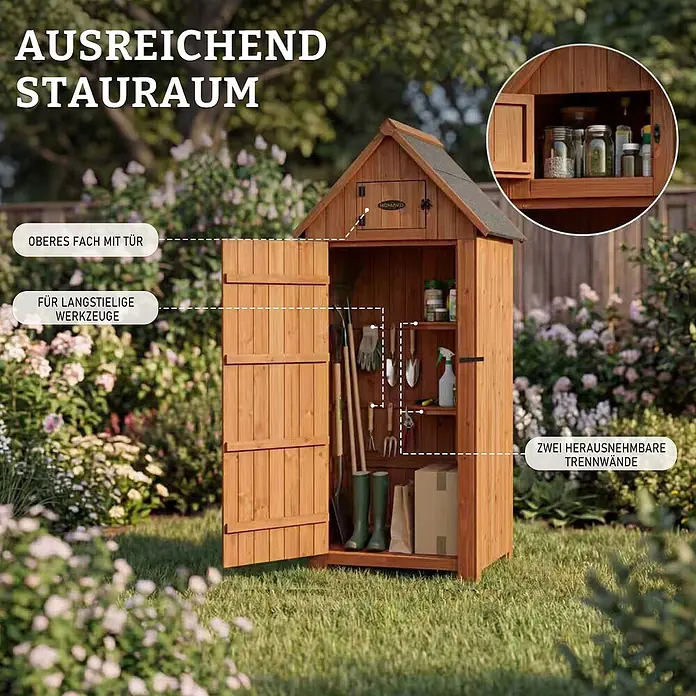 HOMAVO Holz Gerätehaus 77×54.3×179CM Mit Boden Garten Geräteschuppen Natur -  - Hölzerner Gartenschuppen mit offenen Türen, der organisierte Fächer für Werkzeuge und Gartenzubehör in einem üppigen Garten zeigt.