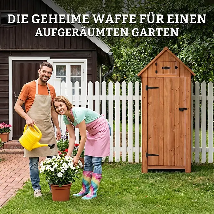 HOMAVO Holz Gerätehaus 77×54.3×179CM Mit Boden Garten Geräteschuppen Natur -  - Hoher brauner Gartenschrank aus Holz mit Giebeldach in einer lebendigen Gartenumgebung.
