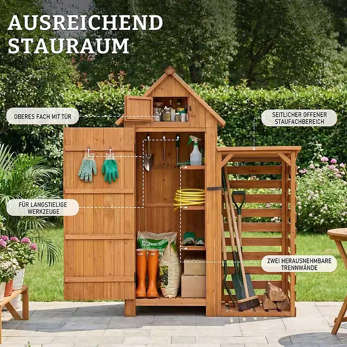 HOMAVO Holz Gerätehaus Mit Kaminholzregal 131×54.3×179 CM -  - Hölzerner Gartenschrank mit oberem Fach, hohem Bereich für lange Werkzeuge, Regalen und offenem Seitenbereich für Schaufeln. Bietet vielseitigen Stauraum.