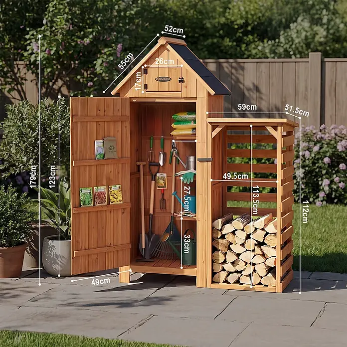 HOMAVO Holz Gerätehaus Mit Kaminholzregal 131×54.3×179 CM -  - Holz-Gartenschrank mit integriertem Brennholzlager, mit Maßen in einer Gartenumgebung.