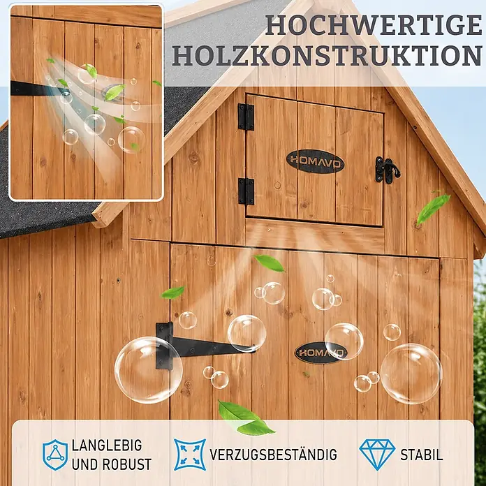 HOMAVO Holz Gerätehaus Mit Kaminholzregal 131×54.3×179 CM -  - Brauner Holzschuppen mit kleiner Tür, schwarzen Beschlägen und hochwertiger Konstruktion, betont Langlebigkeit und Stabilität.