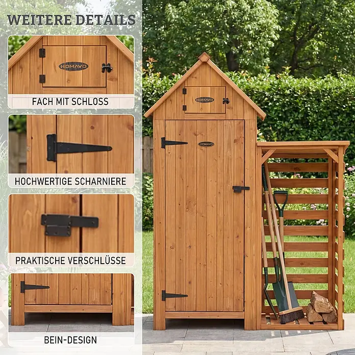 HOMAVO Holz Gerätehaus Mit Kaminholzregal 131×54.3×179 CM -  - Holzgeräteschuppen mit offenem Lagerbereich, Detailansichten von Schloss, Scharnieren, Verschlüssen und Beinen.