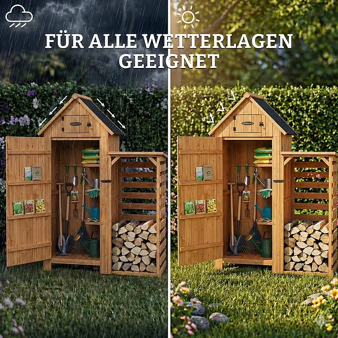 HOMAVO Holz Gerätehaus Mit Kaminholzregal 131×54.3×179 CM -  - Gartenlagerhütte aus Holz mit geöffneten Türen, zeigt Werkzeuge und Brennholz. Für jedes Wetter geeignet.