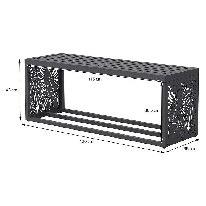 Kaminholzbank Innen/Aussen  120 cm aus Metall -  - Dunkelgraue Metallbank mit Lattenrost und dekorativen Blättermotiven an den Seiten, Maße angezeigt.