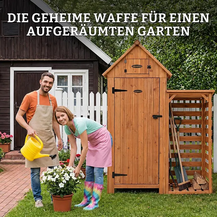 HOMAVO Holz Gerätehaus Mit Kaminholzregal 131×54.3×179 CM -  - Gartenhaus aus Holz mit offenem Regal für Gartengeräte und Holzscheite, um den Garten aufgeräumt zu halten.