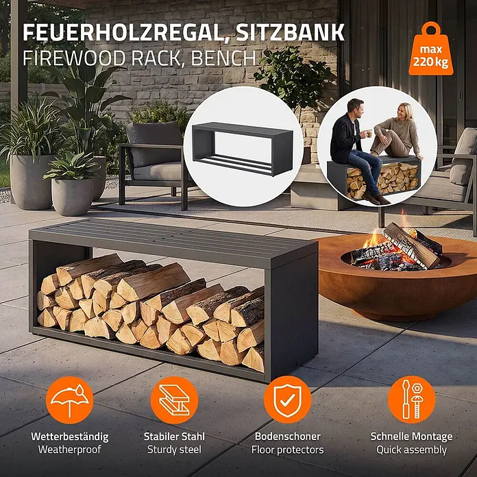 Kaminholzbank Innen/Aussen  aus Metall  120 cm -  - Dunkelgraues Stahl-Feuerholzregal, auch als Bank (max. 220 kg) nutzbar, gefüllt mit Holzscheiten auf einer Terrasse.