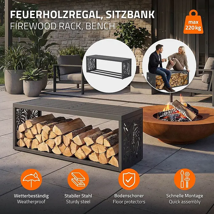 Kaminholzbank Innen/Aussen  120 cm aus Metall -  - Dunkelgraues Metall-Feuerholzregal, das auch als Sitzbank dient, auf einer Terrasse mit Brennholz gefüllt.