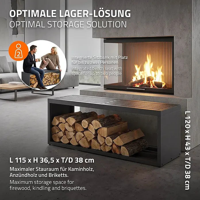 Kaminholzbank Innen/Aussen  aus Metall  120 cm -  - Dunkelgraue Metall-Sitzbank mit Stauraum für Kaminholz, Anzündholz und Briketts, geeignet für bis zu zwei Personen.