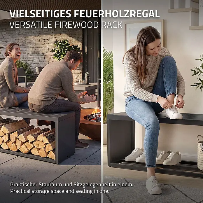 Kaminholzbank Innen/Aussen  aus Metall  120 cm -  - Graues Metallregal als Feuerholzablage und Sitzbank im Außenbereich, und als Schuhbank im Innenbereich. Bietet Stauraum und Sitzgelegenheit.