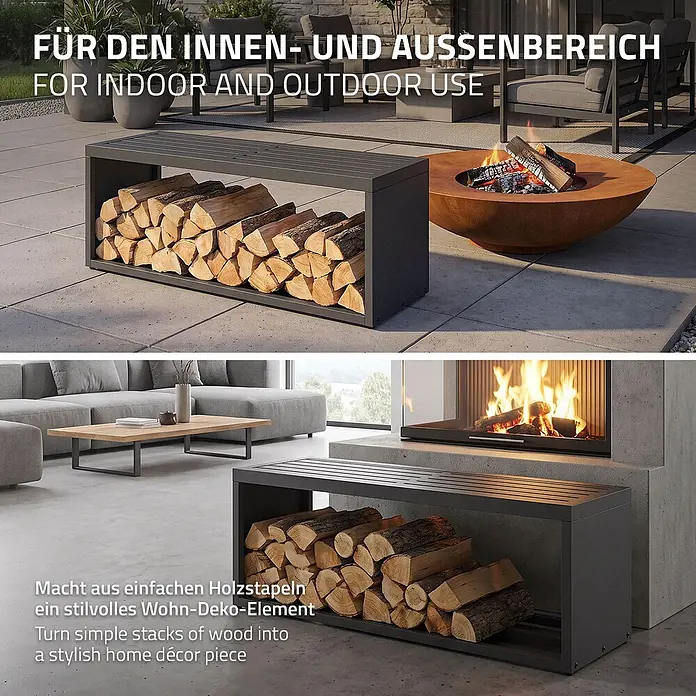 Kaminholzbank Innen/Aussen  aus Metall  120 cm -  - Dunkelgraues Metall-Holzregal/Bank mit gestapeltem Holz, stilvoll für Innen- und Außenbereiche.