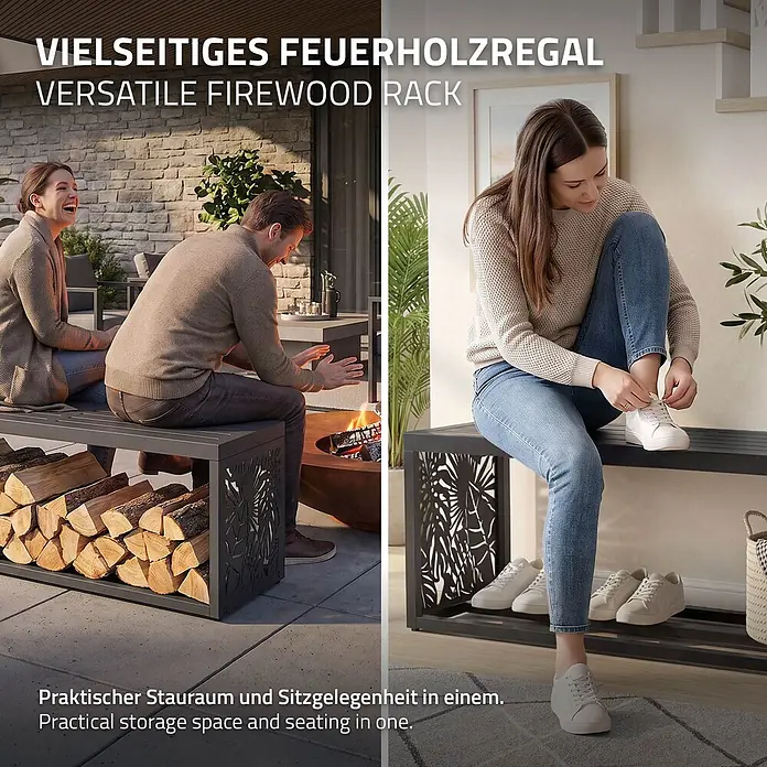 Kaminholzbank Innen/Aussen  120 cm aus Metall -  - Anthrazitfarbenes Metallregal mit Zierausschnitten, dient als Bank für Sitzgelegenheiten und zur Aufbewahrung von Brennholz oder Schuhen.