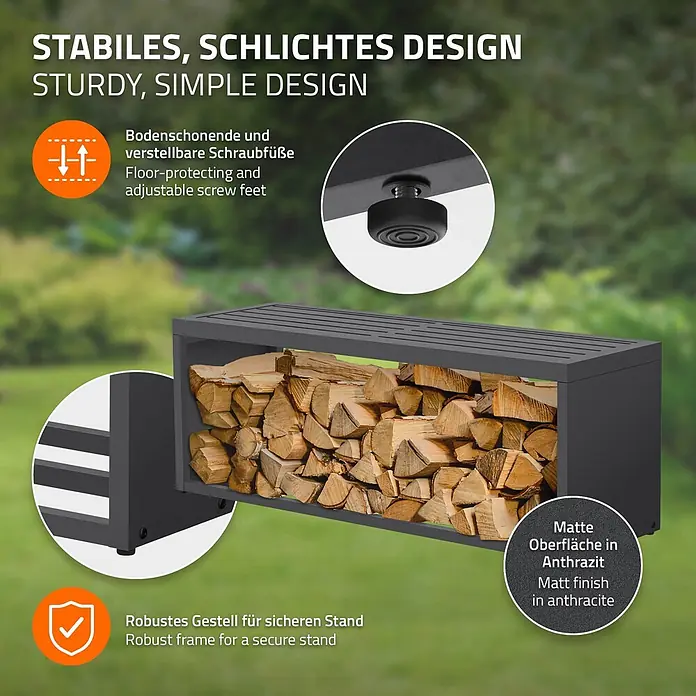 Kaminholzbank Innen/Aussen  aus Metall  120 cm -  - Ein anthrazitfarbenes Metall-Holzregal, gefüllt mit Holzscheiten. Robustes Design mit verstellbaren Füßen.