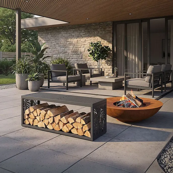 Kaminholzbank Innen/Aussen  120 cm aus Metall -  - Schwarze Metall-Holzbank mit dekorativen Ausschnitten, gefüllt mit Holzscheiten, auf einer Terrasse neben einer Feuerstelle. Bietet Sitzgelegenheit und Holzvorrat.