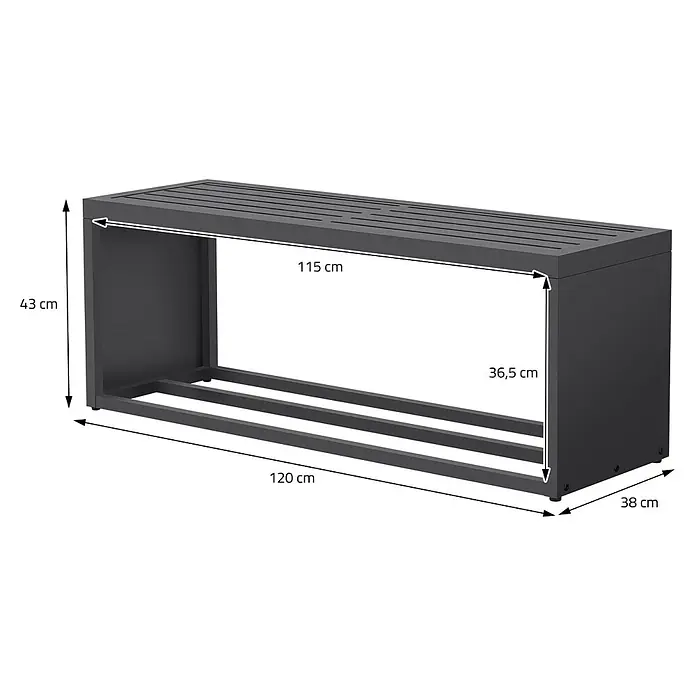 Kaminholzbank Innen/Aussen  aus Metall  120 cm -  - Dunkelgraues Metall-Ablageregal mit Lattenrost, 120x38x43 cm.
