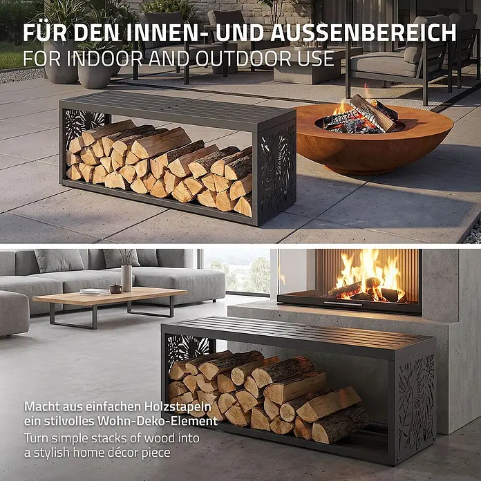 Kaminholzbank Innen/Aussen  120 cm aus Metall -  - Dunkelgraues Metall-Kaminholzregal mit Zierausschnitten, mit Holz, als Bank für innen und außen genutzt.