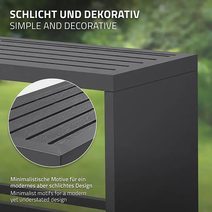 Kaminholzbank Innen/Aussen  aus Metall  120 cm -  - Dunkelgraue, lattenförmige Gartenbank/Tisch mit strukturierter Oberfläche, die ein einfaches, modernes Design zeigt.