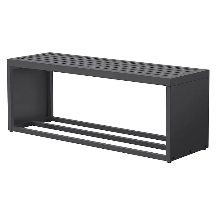 Kaminholzbank Innen/Aussen  aus Metall  120 cm -  - Dunkelgraue Metallbank mit Lattenrostplatte und unterem Ablageregal.