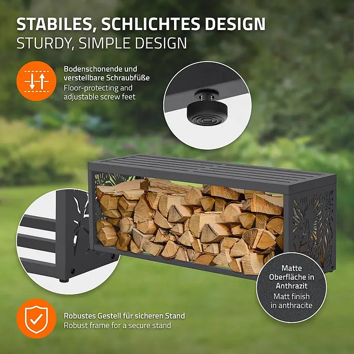 Kaminholzbank Innen/Aussen  120 cm aus Metall -  - Stabiles, schlichtes anthrazitfarbenes Metall-Holzregal mit Holzscheiten, robustem Rahmen und bodenschonenden, verstellbaren Schraubfüßen.