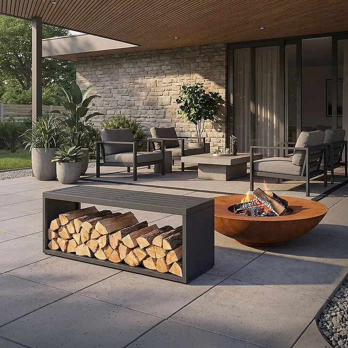 Kaminholzbank Innen/Aussen  aus Metall  120 cm -  - Dunkelgraue Bank mit integrierter Holzscheitlücke, auf einer Terrasse neben einer rostfarbenen Feuerschale.