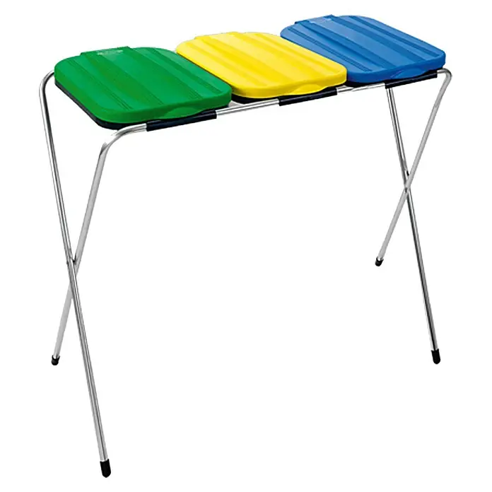 Müllsackständer Maxifix - 3-Sack, Passend für: Müllsäcke 20 - 130 l - Mülltrennsystem mit drei farbigen Behältern (Grün, Gelb, Blau) auf einem Chromgestell für einfache Abfalltrennung im Haushalt.