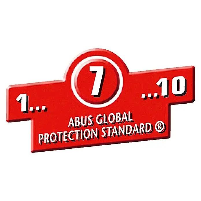 Abus Profilzylinder KD6X - Baulänge innen: 30 mm, Baulänge außen: 30 mm, Anzahl Schlüssel: 5 Stk. - ABUS Global Protection Standard Level 7 Aufkleber. Der Aufkleber zeigt das Sicherheitsniveau von 1 bis 10.