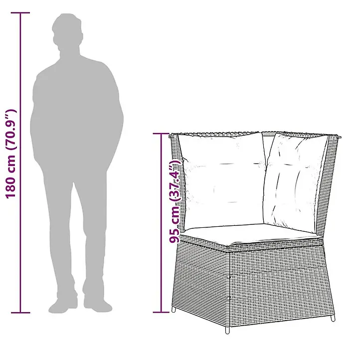 Furnicato Gartensessel aus PE-Rattan, Beige -  - Eckstuhl aus Polyrattan mit Kissen, mit Maßen (95 cm hoch) und menschlicher Figur zum Größenvergleich.